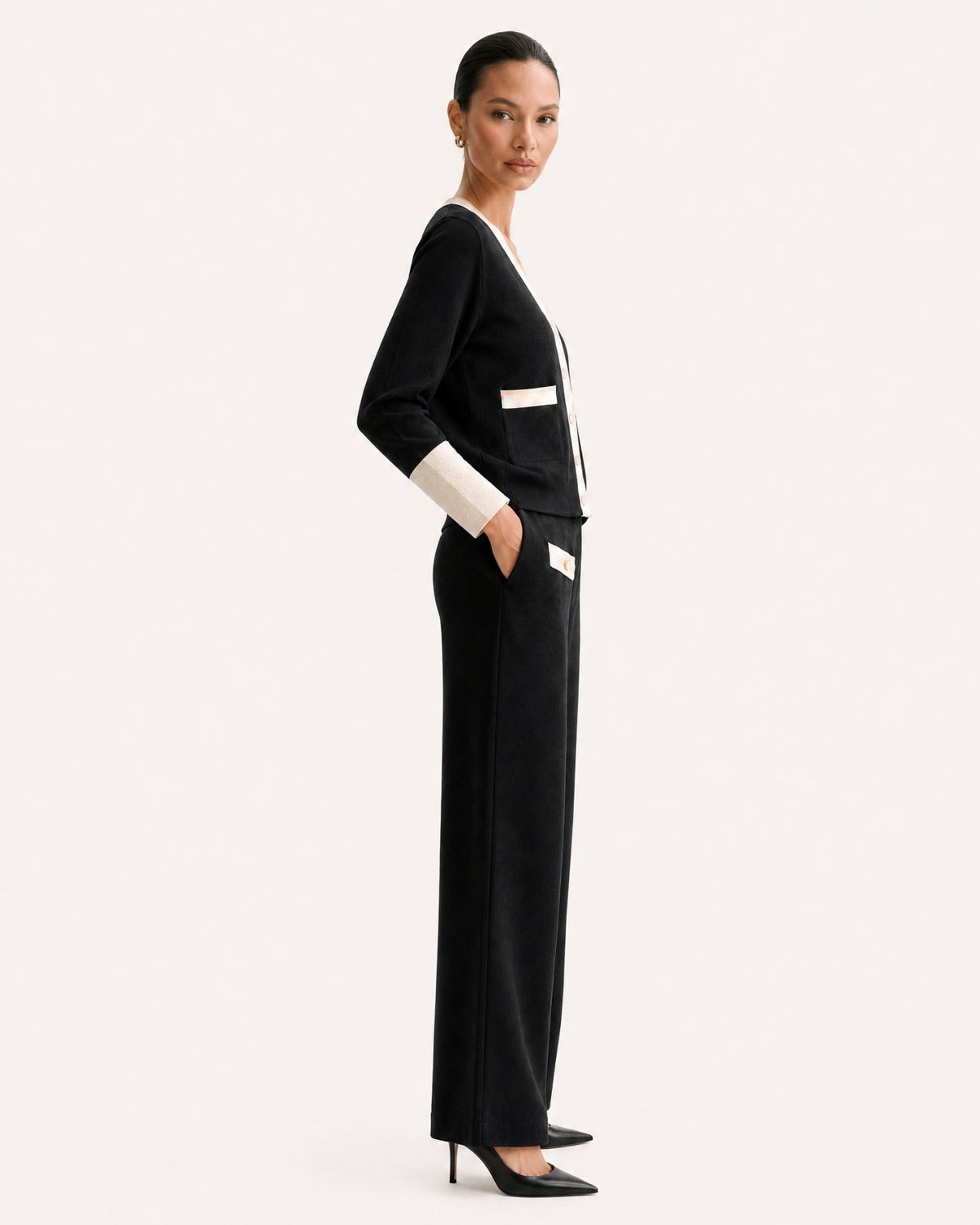 Jacquard Knit Cardigan and Wide Leg Trousers Co-ord Set – Black – view 3
