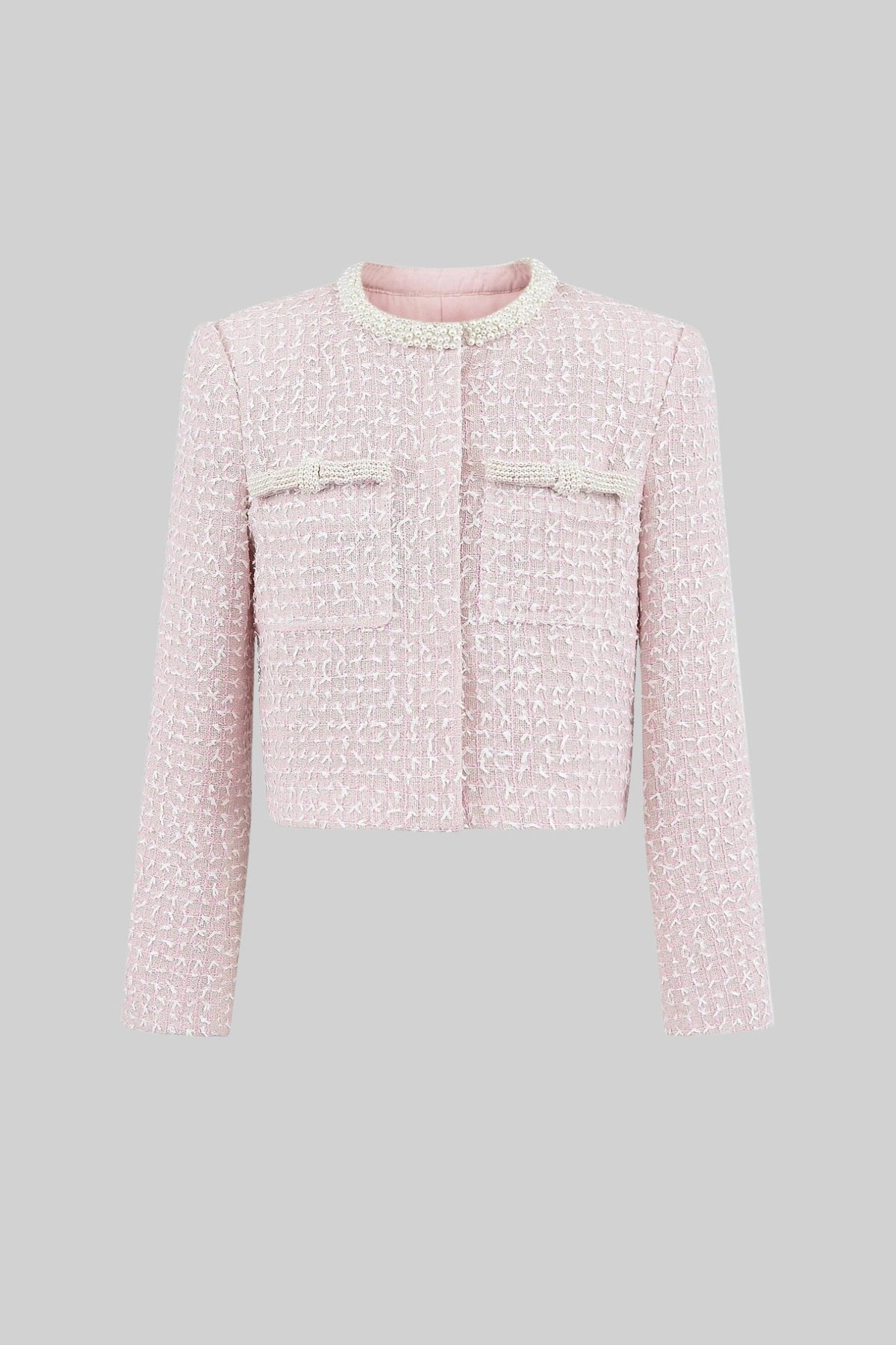 Cropped Tweed Jacket with Pearl Trim Round Neckline – Light Pink