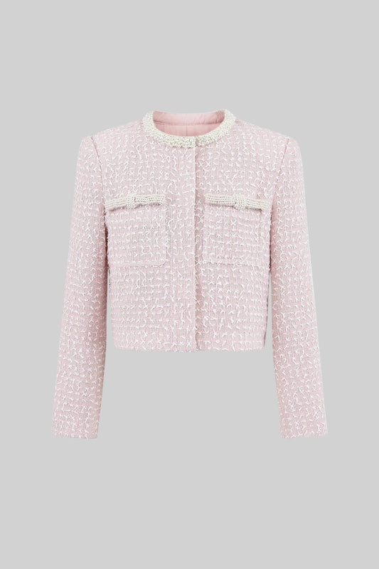 Cropped Tweed Jacket with Pearl Trim Round Neckline – Light Pink