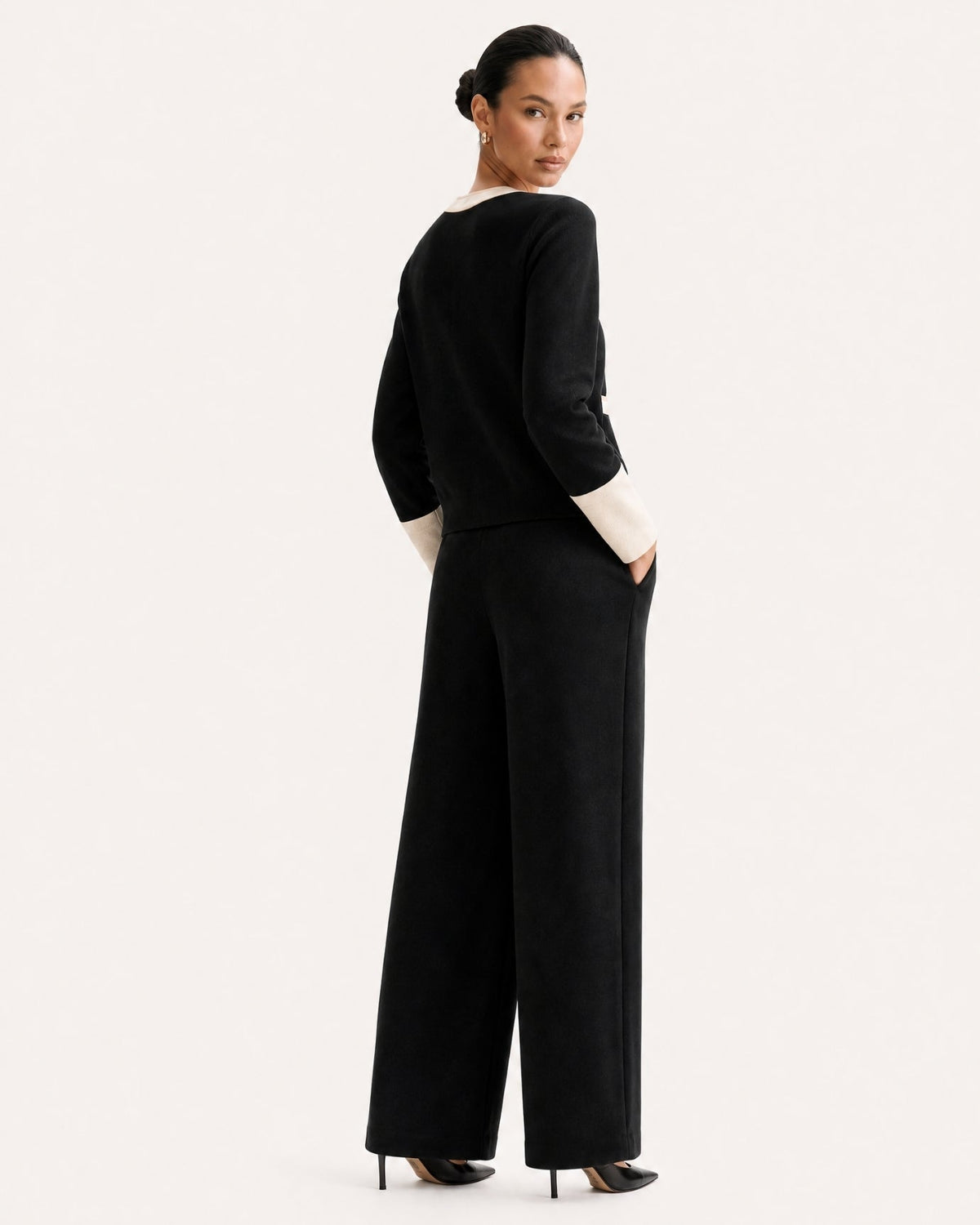 Jacquard Knit Cardigan and Wide Leg Trousers Co-ord Set – Black – view 4