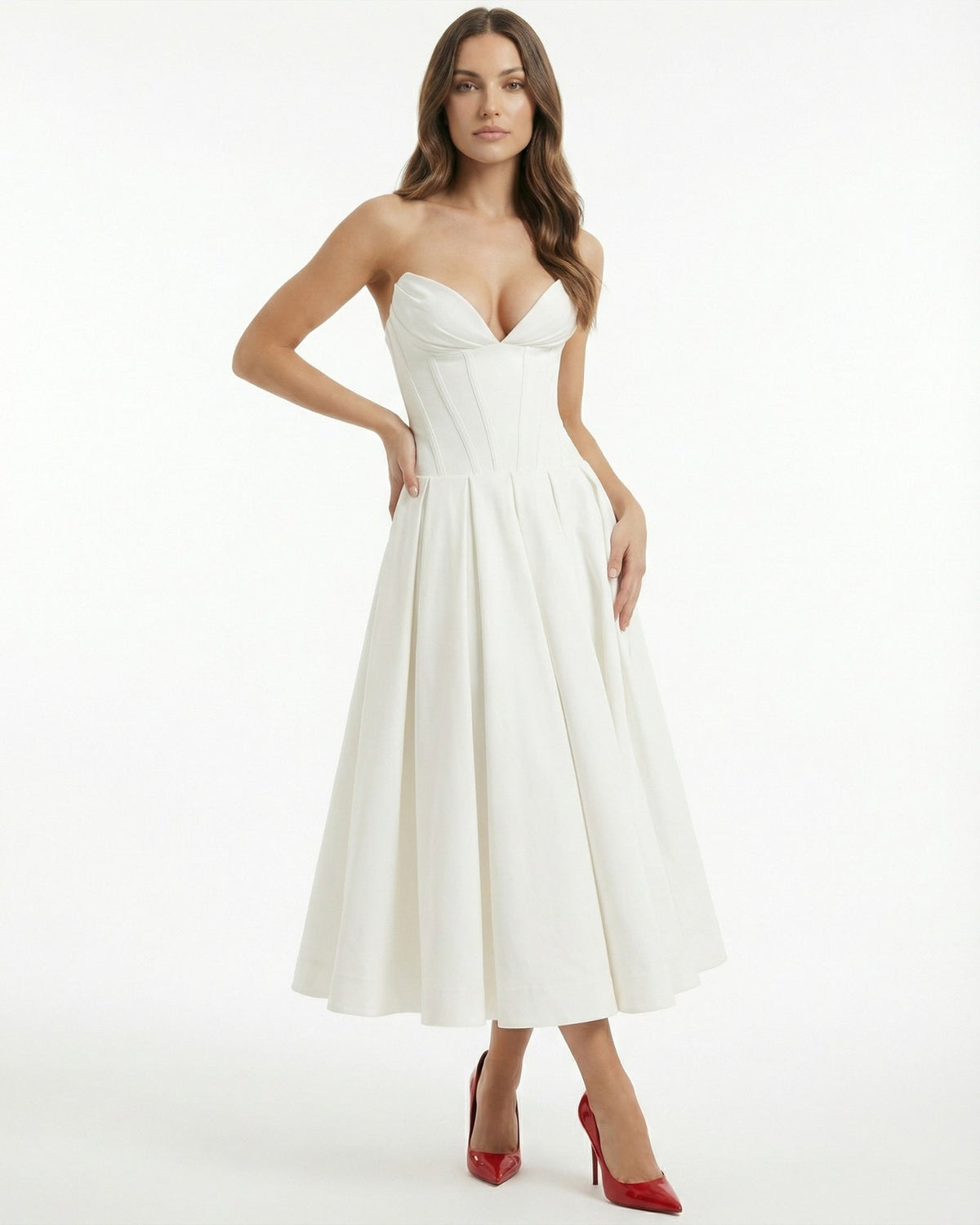 Strapless High Waist Sculpted Bodice Stretch Midi Dress