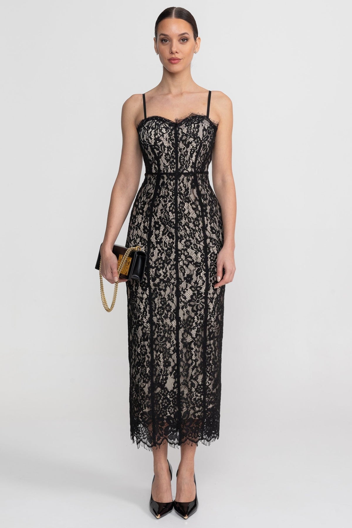 Lace Pencil Midi Dress with Sheer Corset Bodice and Sweetheart Neck – Black