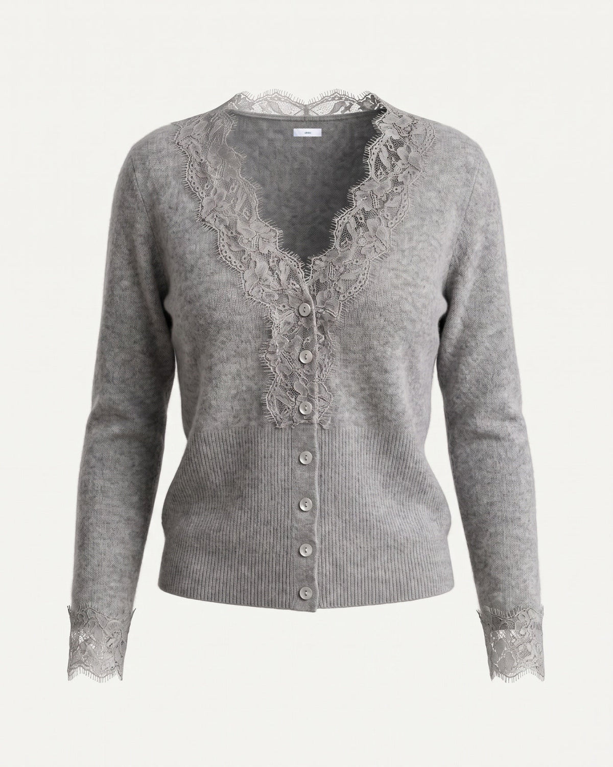 Pure Cashmere Cardigan with Lace Neckline and Cuffs