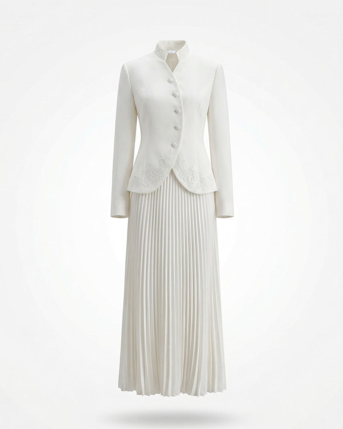 Structured Jacket and Pleated High Waisted Skirt Suit Set – White – view 1