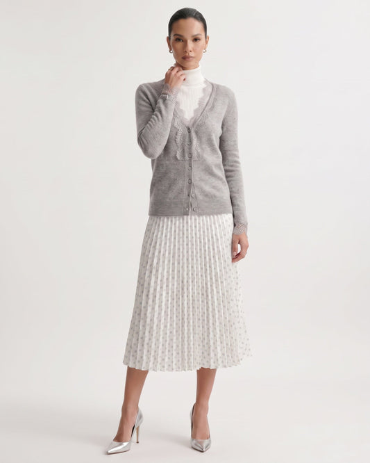 Pure Cashmere Cardigan with Lace Neckline and Cuffs – view 2