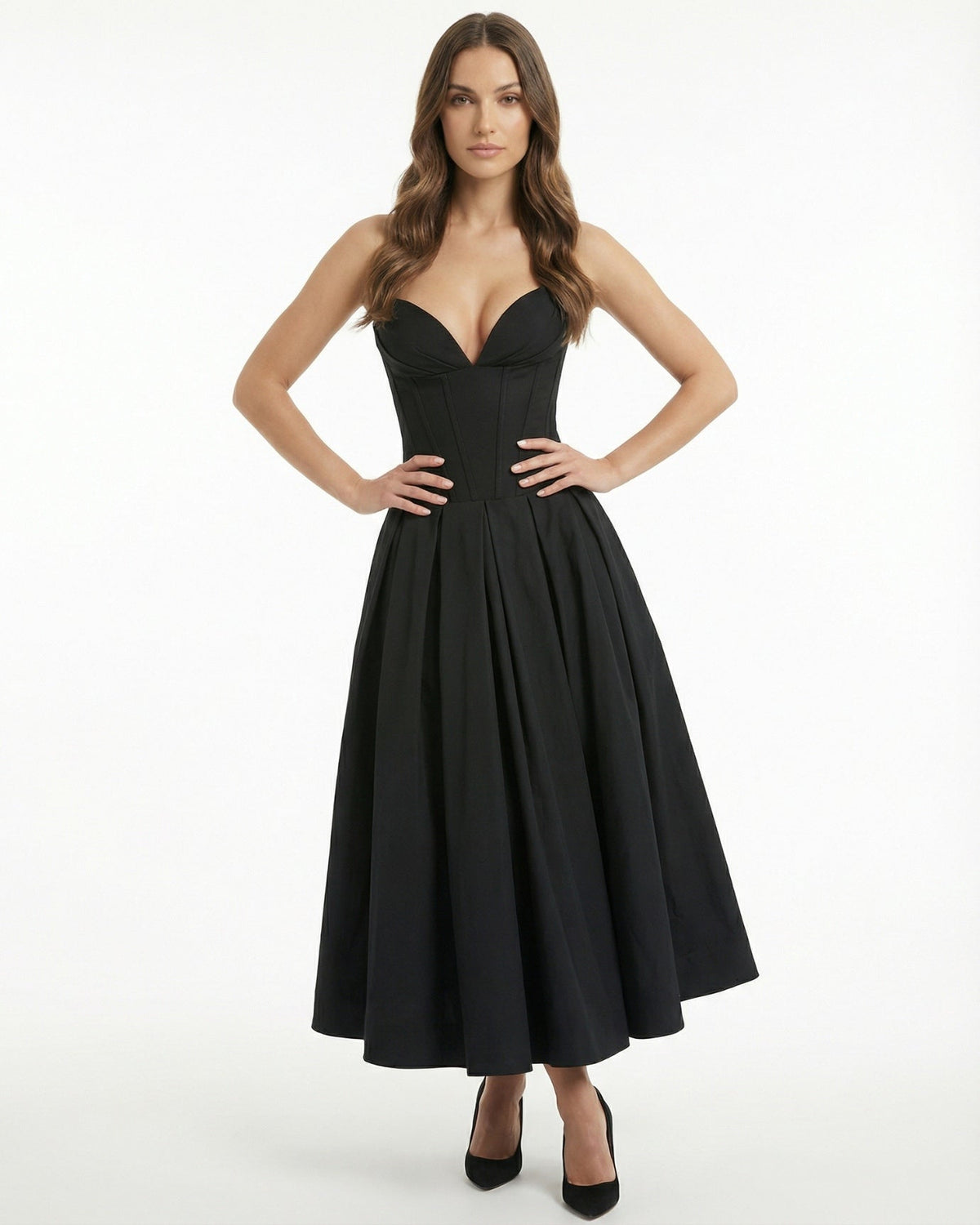 Strapless High Waist Sculpted Bodice Stretch Midi Dress