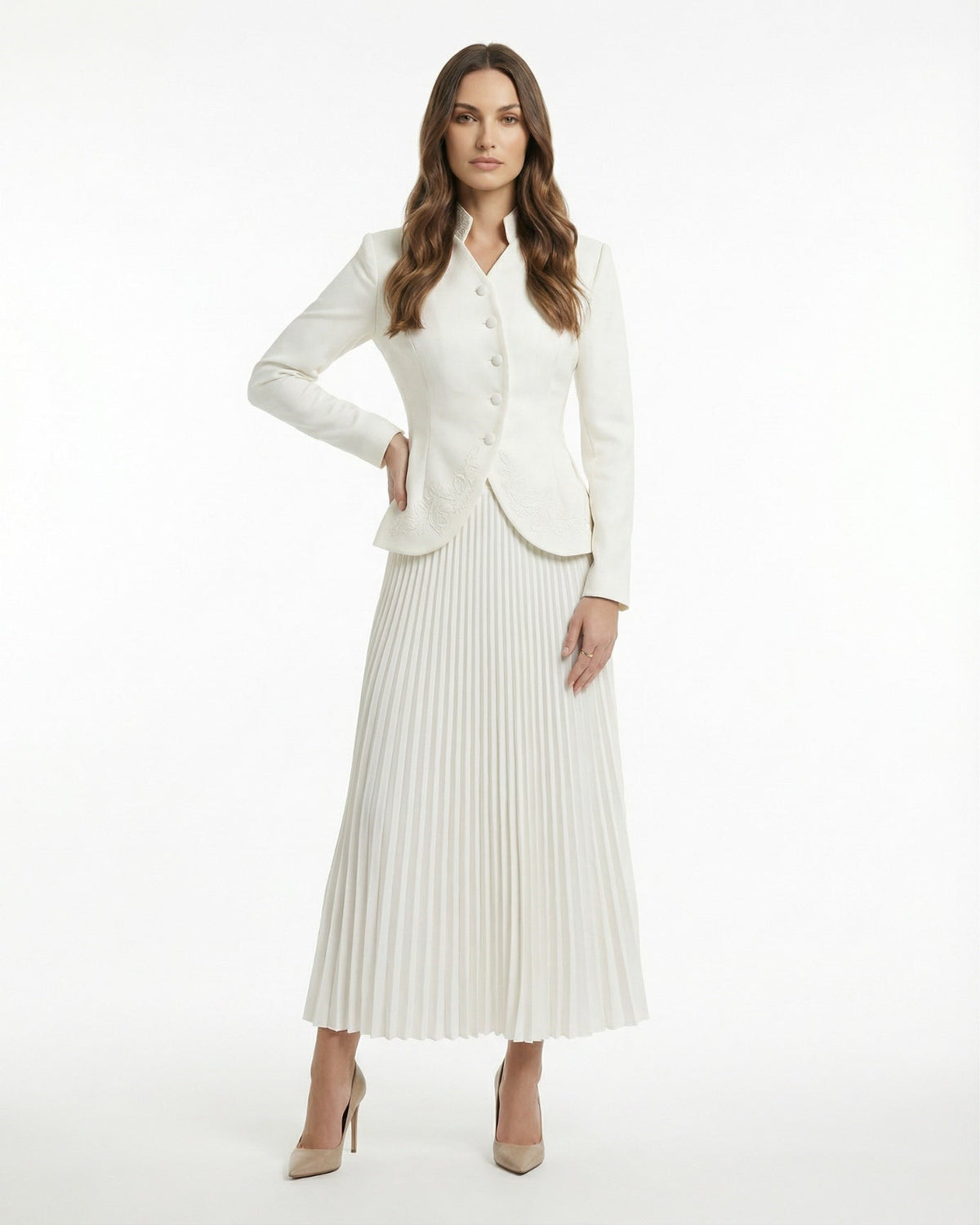Structured Jacket and Pleated High Waisted Skirt Suit Set – White – view 2