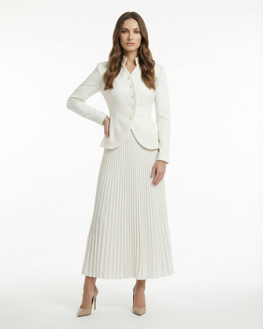 Structured Jacket and Pleated High Waisted Skirt Suit Set – White – view 2
