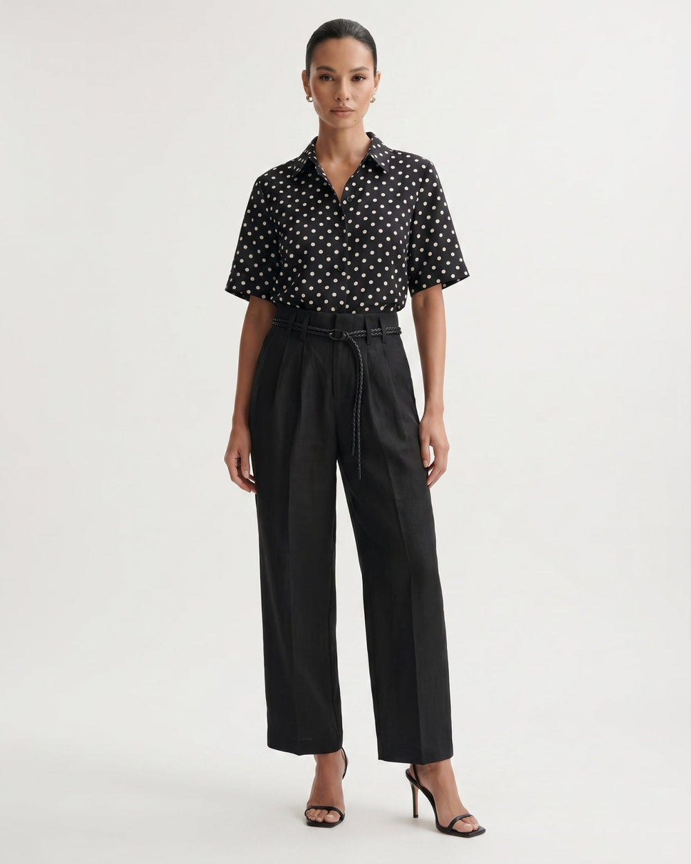 Lina High Waisted Linen and Cotton Blend Trousers – Black