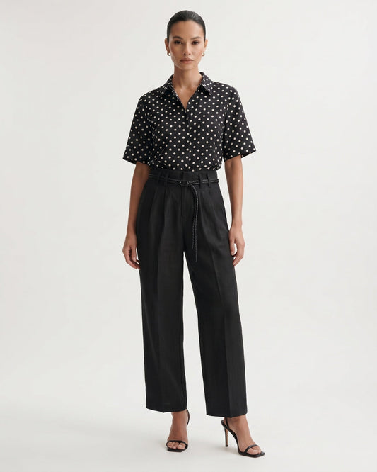 Lina High Waisted Linen and Cotton Blend Trousers – Black
