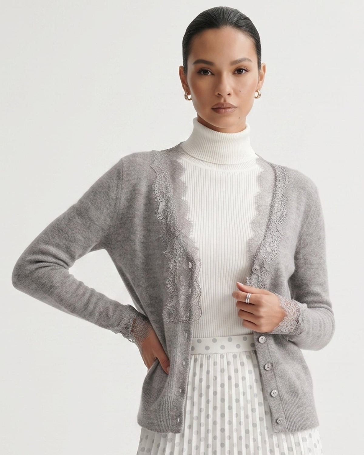 Pure Cashmere Cardigan with Lace Neckline and Cuffs – view 3