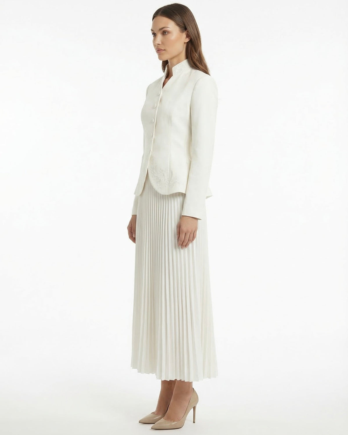 Structured Jacket and Pleated High Waisted Skirt Suit Set – White – view 4