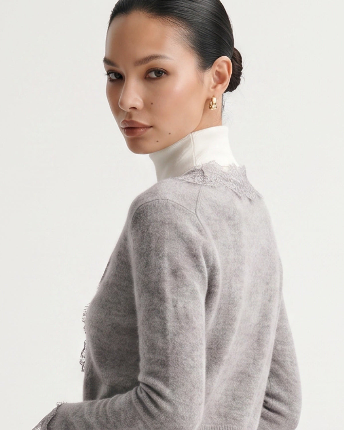 Pure Cashmere Cardigan with Lace Neckline and Cuffs – view 4
