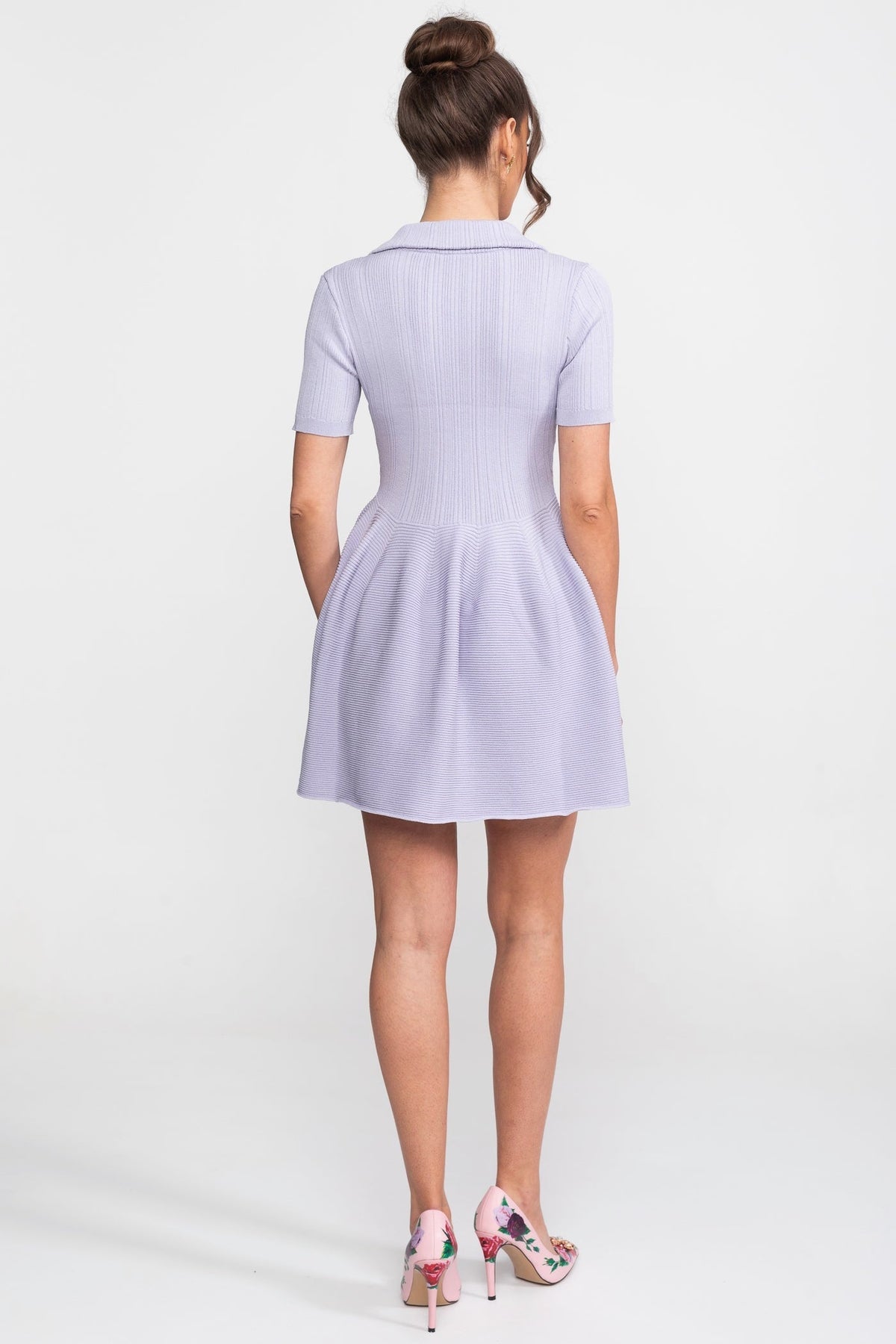 Ribbed Knit Open Polo Collar A-Line Mini Dress – Lilac – view 6