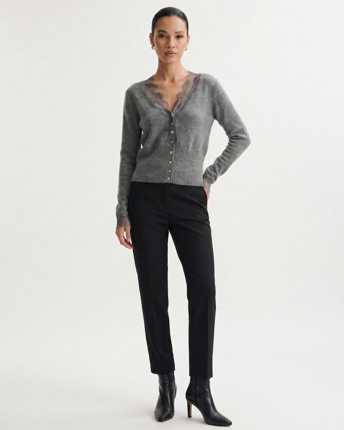 Pure Cashmere Cardigan with Lace Neckline and Cuffs – view 6