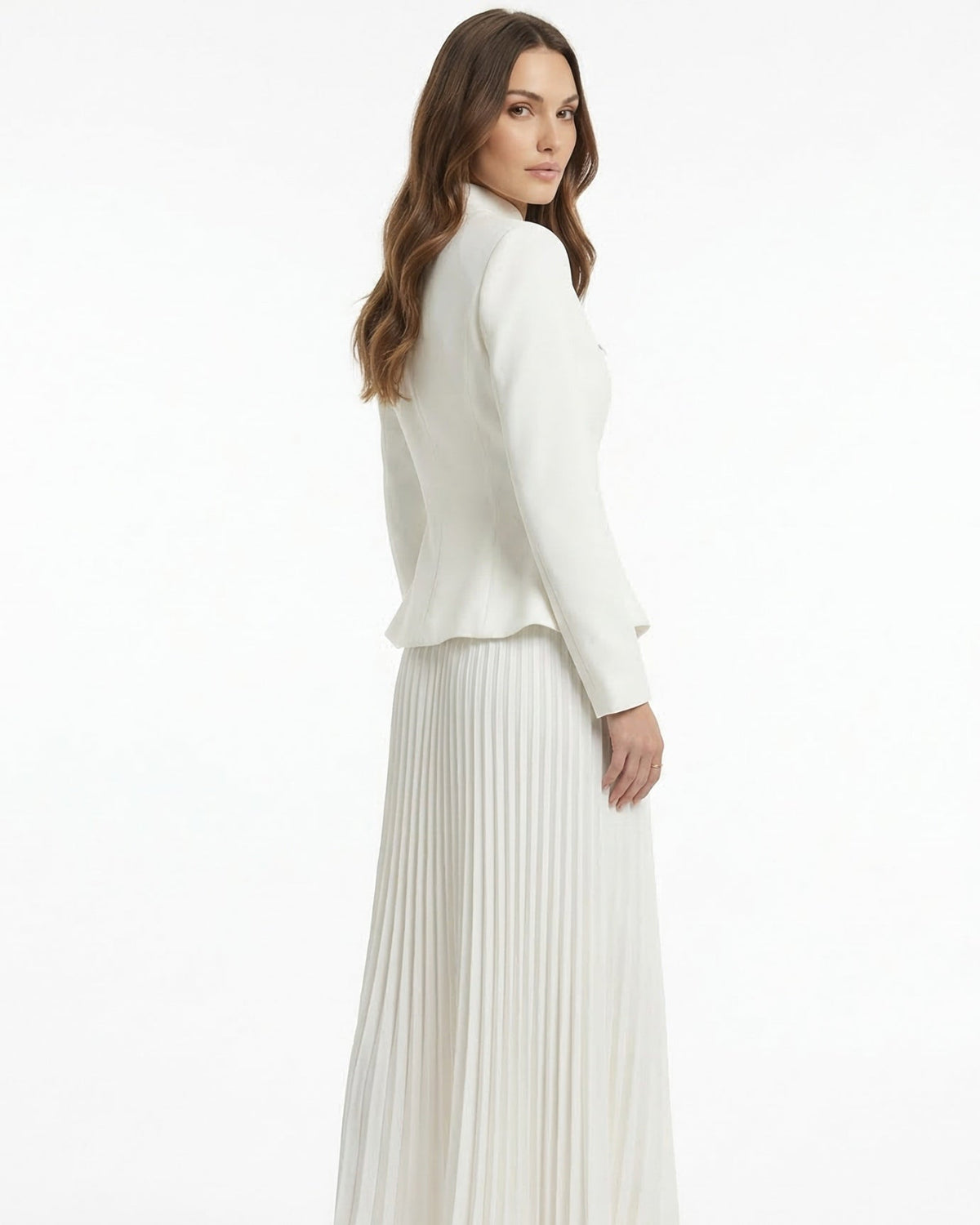 Structured Jacket and Pleated High Waisted Skirt Suit Set – White – view 6