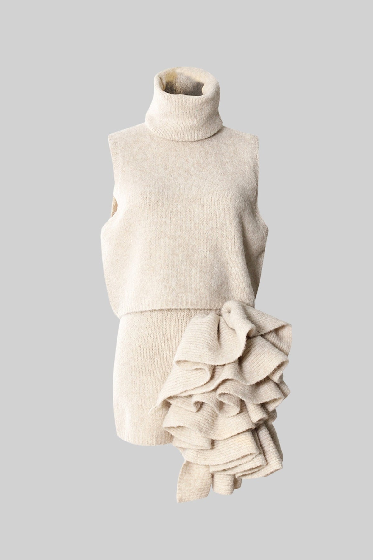 Wool and Cashmere Three-Piece Knit Set with Sculptural Ruffles – Beige – view 7