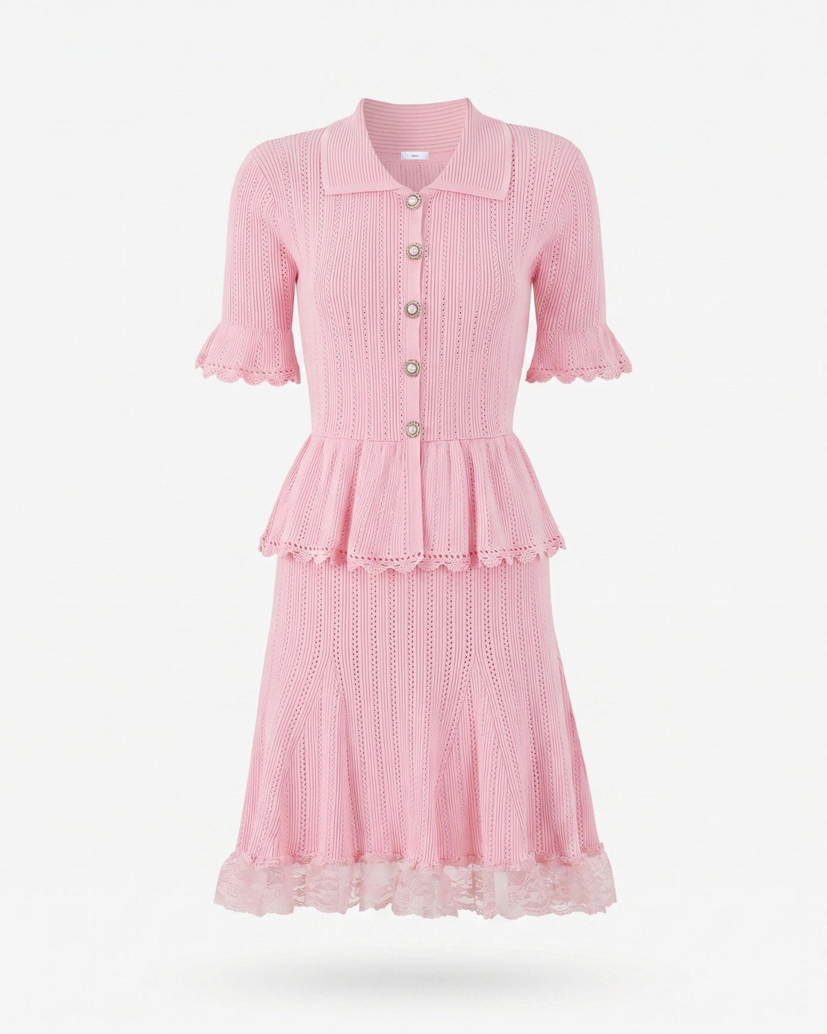 Dina Short Sleeve Stretch Knit Dress with Lace Detailing – Light Pink – view 1