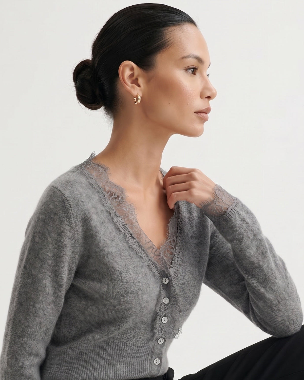 Pure Cashmere Cardigan with Lace Neckline and Cuffs – view 7