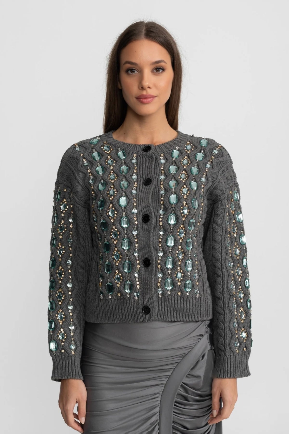 Cropped Embellished Cable Knit Cardigan with Gem Detailing – Charcoal Grey – view 1