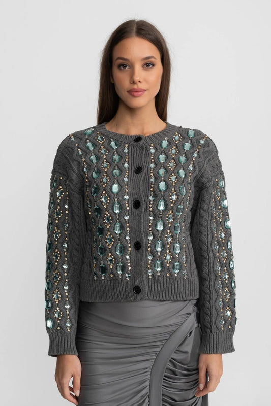 Cropped Embellished Cable Knit Cardigan with Gem Detailing – Charcoal Grey
