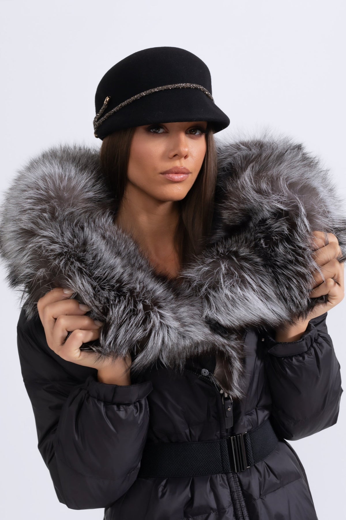 Long Duck Down Puffer Jacket with Grey Lined Hood – Black