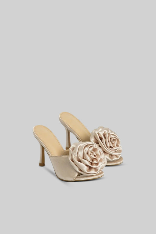 Satin Heeled Sandals with Flower Pom Pom Detail – Beige – view 2