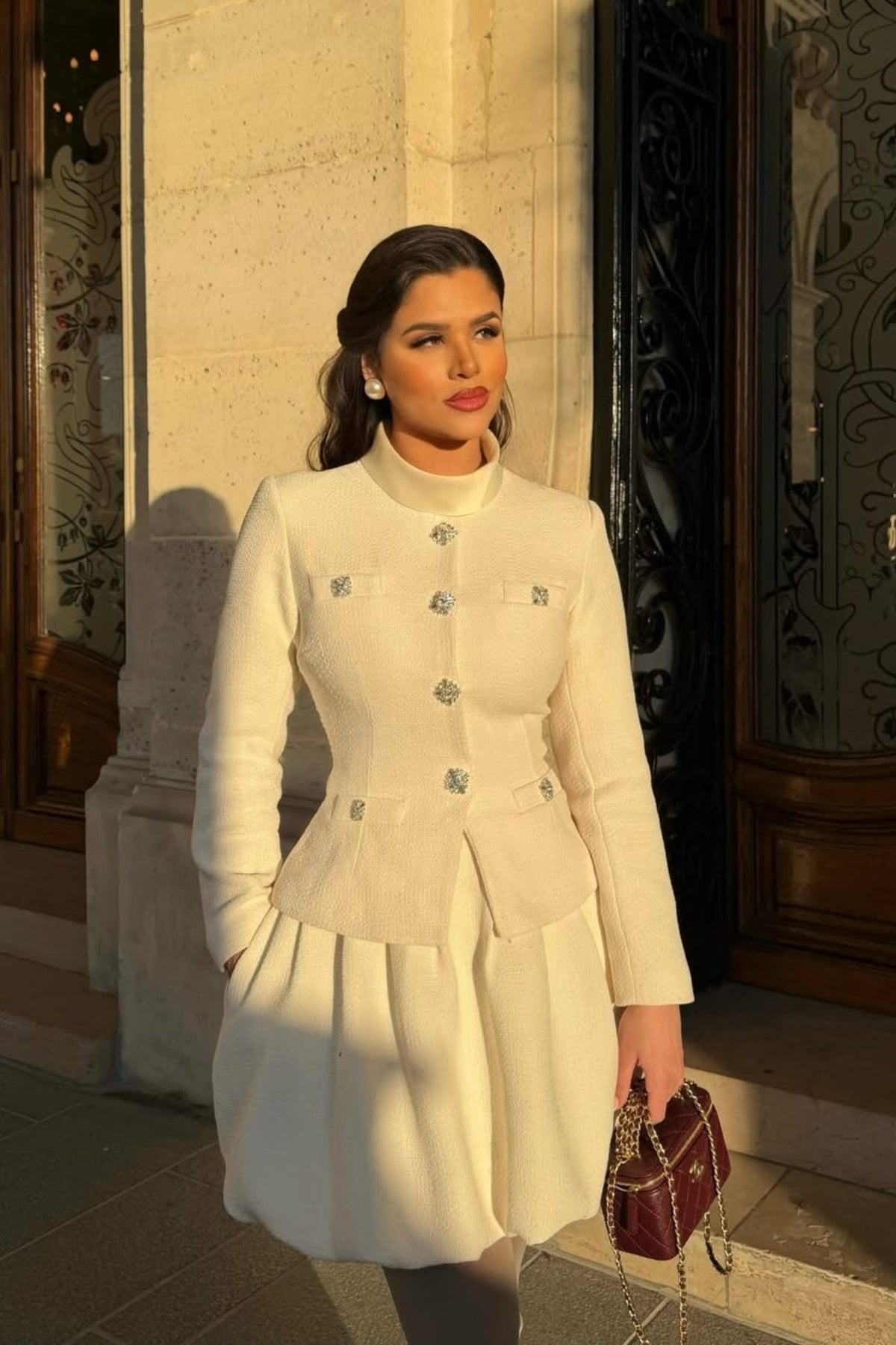 High Neck Long Sleeve Textured Mini Dress with Crystal Buttons – Ivory – view 4