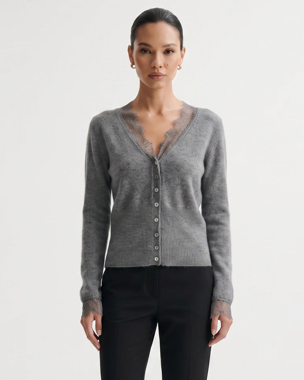 Pure Cashmere Cardigan with Lace Neckline and Cuffs – view 8