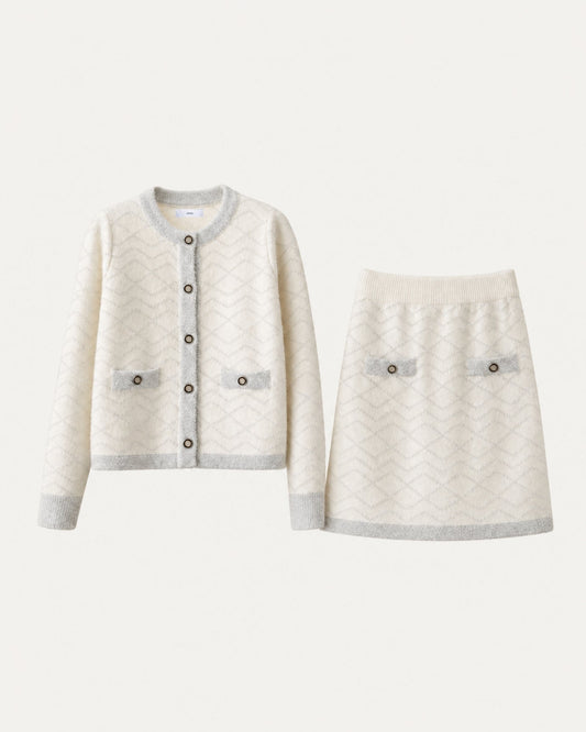 Diana Tweed-Style Colour Block Knit Skirt Set – Apricot