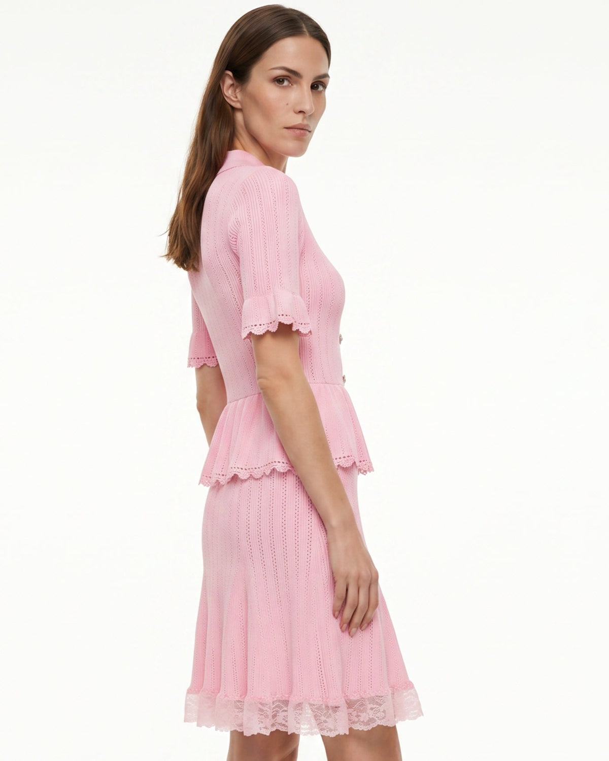 Dina Short Sleeve Stretch Knit Dress with Lace Detailing – view 3