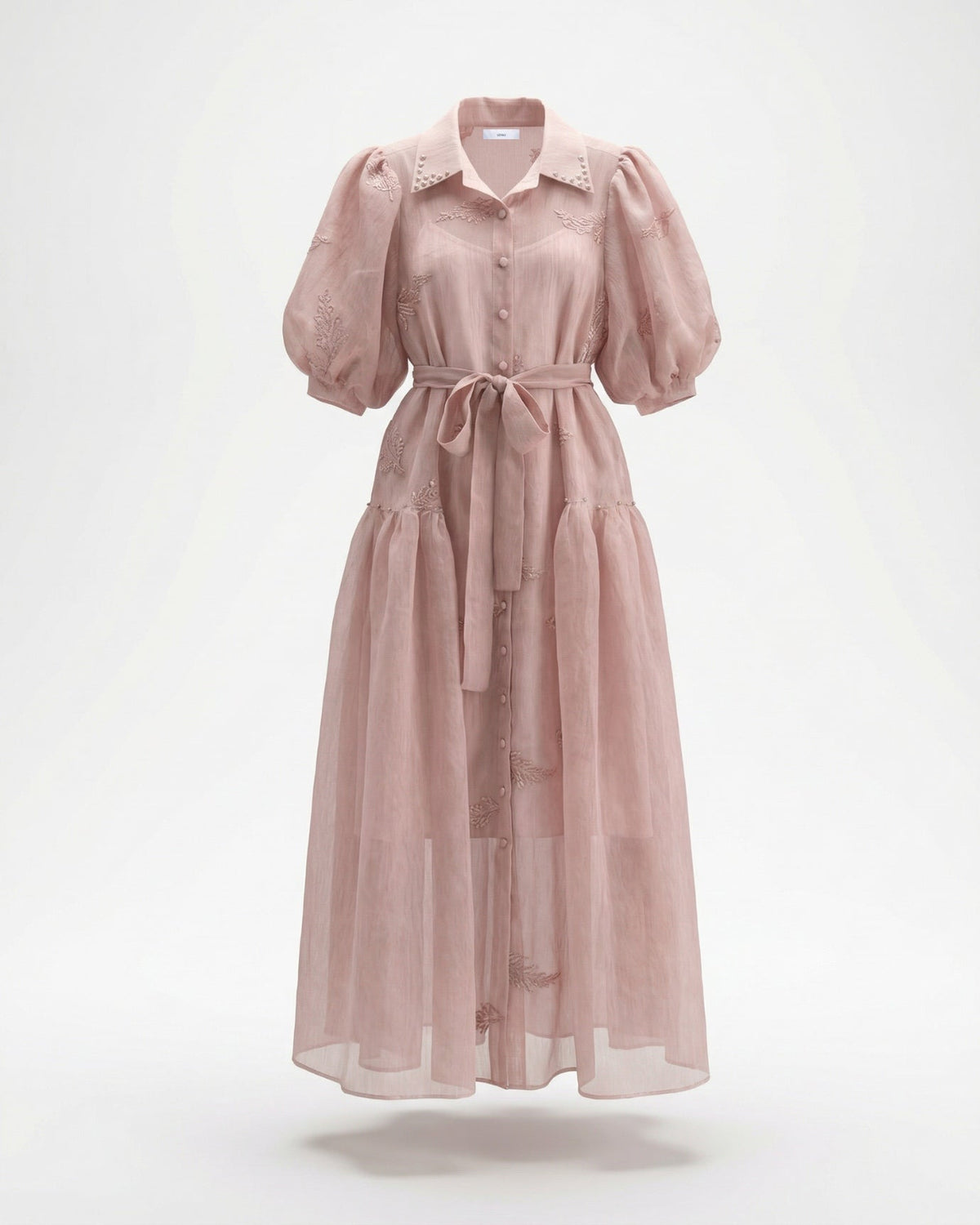 Embroidered Maxi Dress with Lapel Collar and Adjustable Tie Waist – Pink – view 1