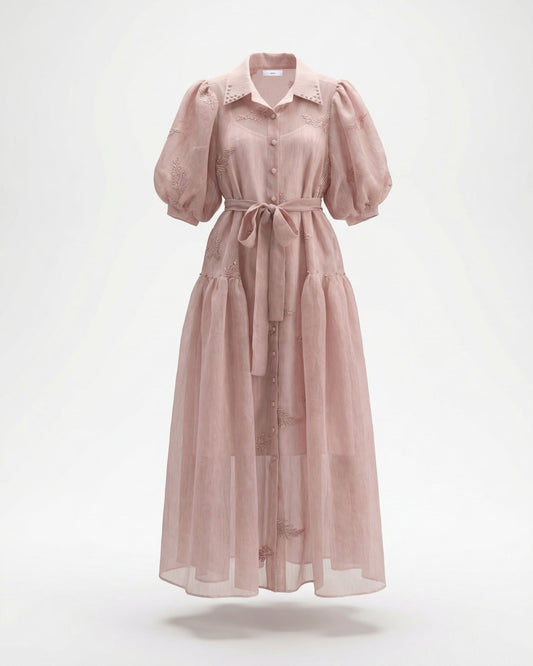 Embroidered Maxi Dress with Lapel Collar and Adjustable Tie Waist