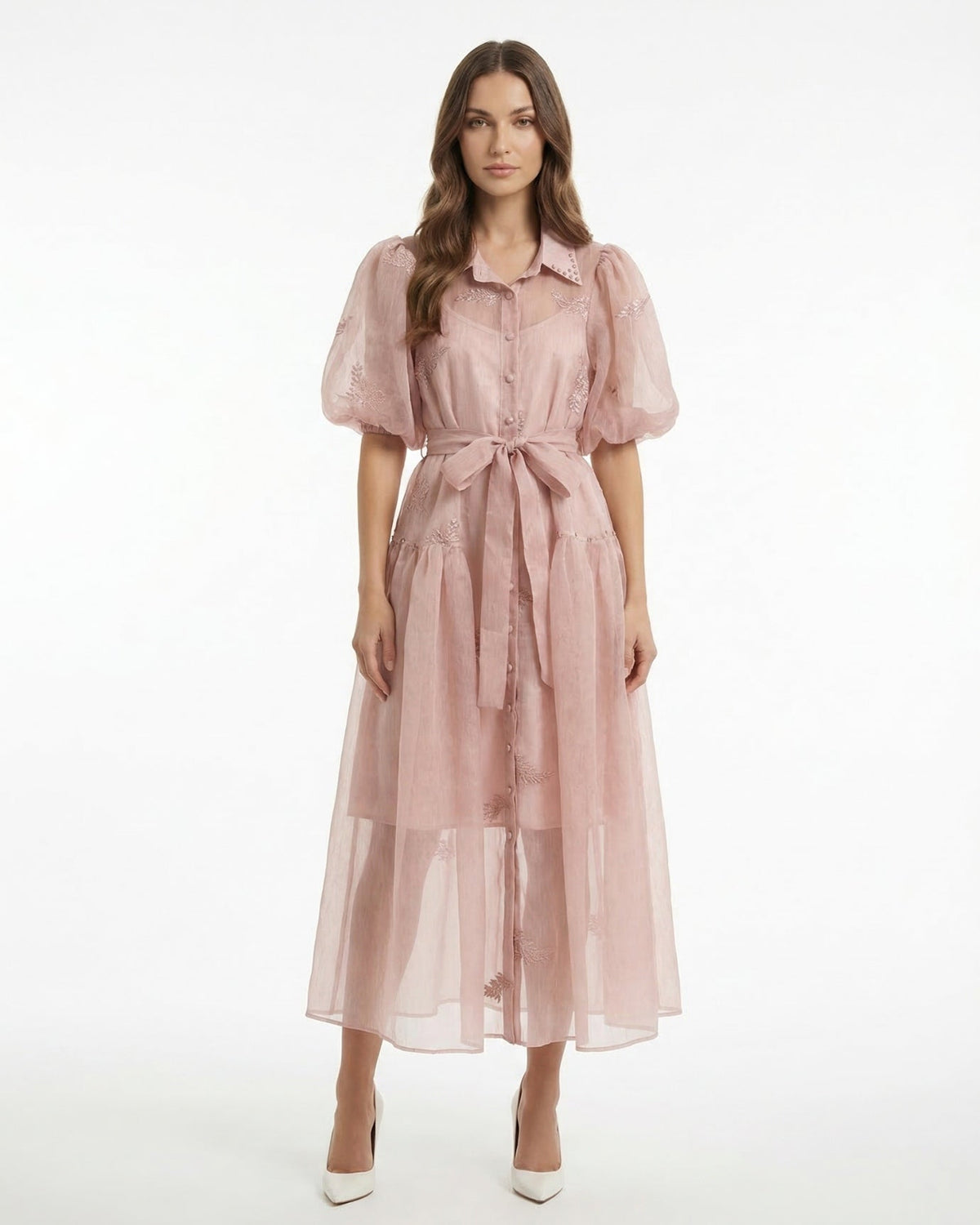 Embroidered Maxi Dress with Lapel Collar and Adjustable Tie Waist – view 2