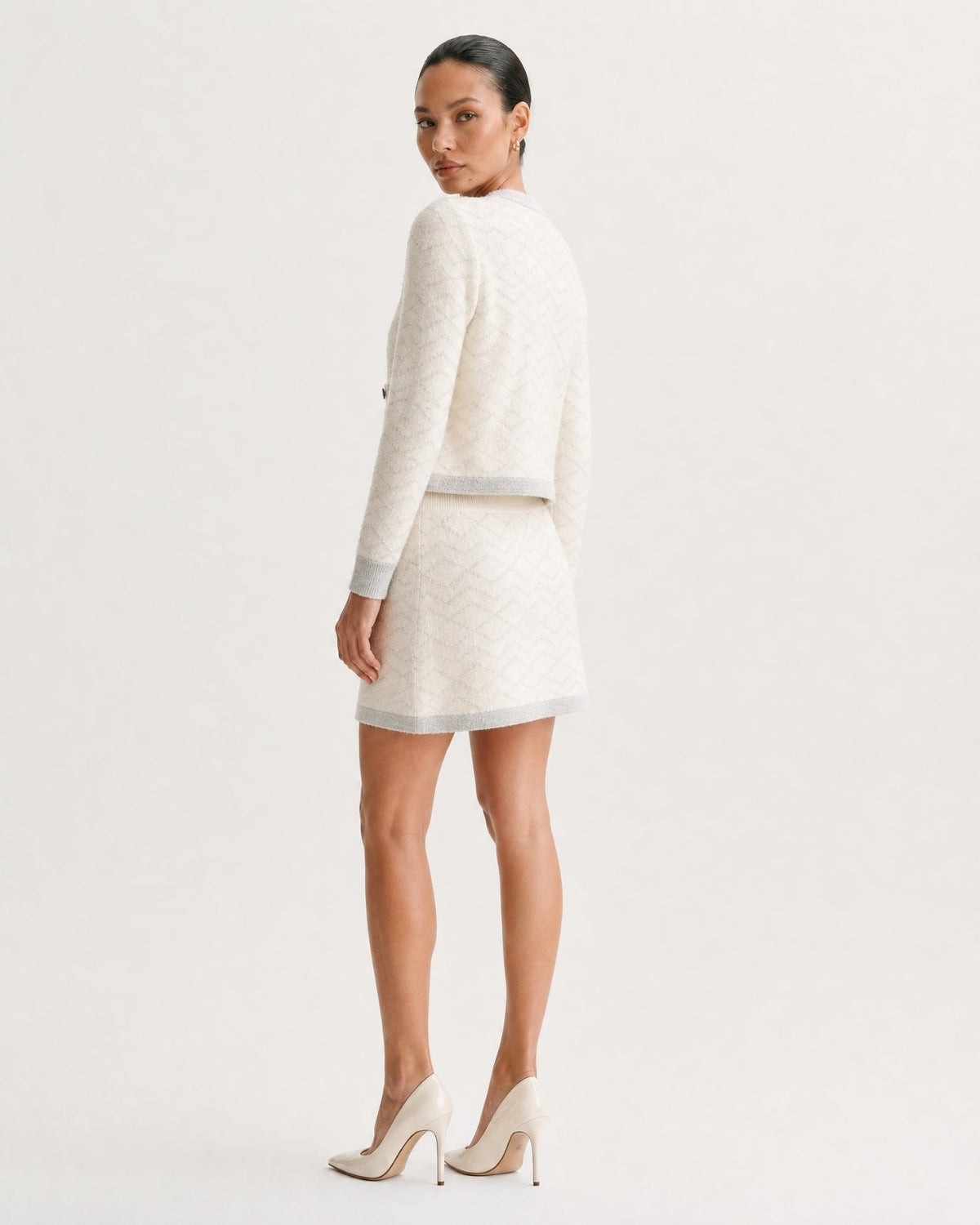 Diana Tweed-Style Colour Block Knit Skirt Set – Apricot – view 4