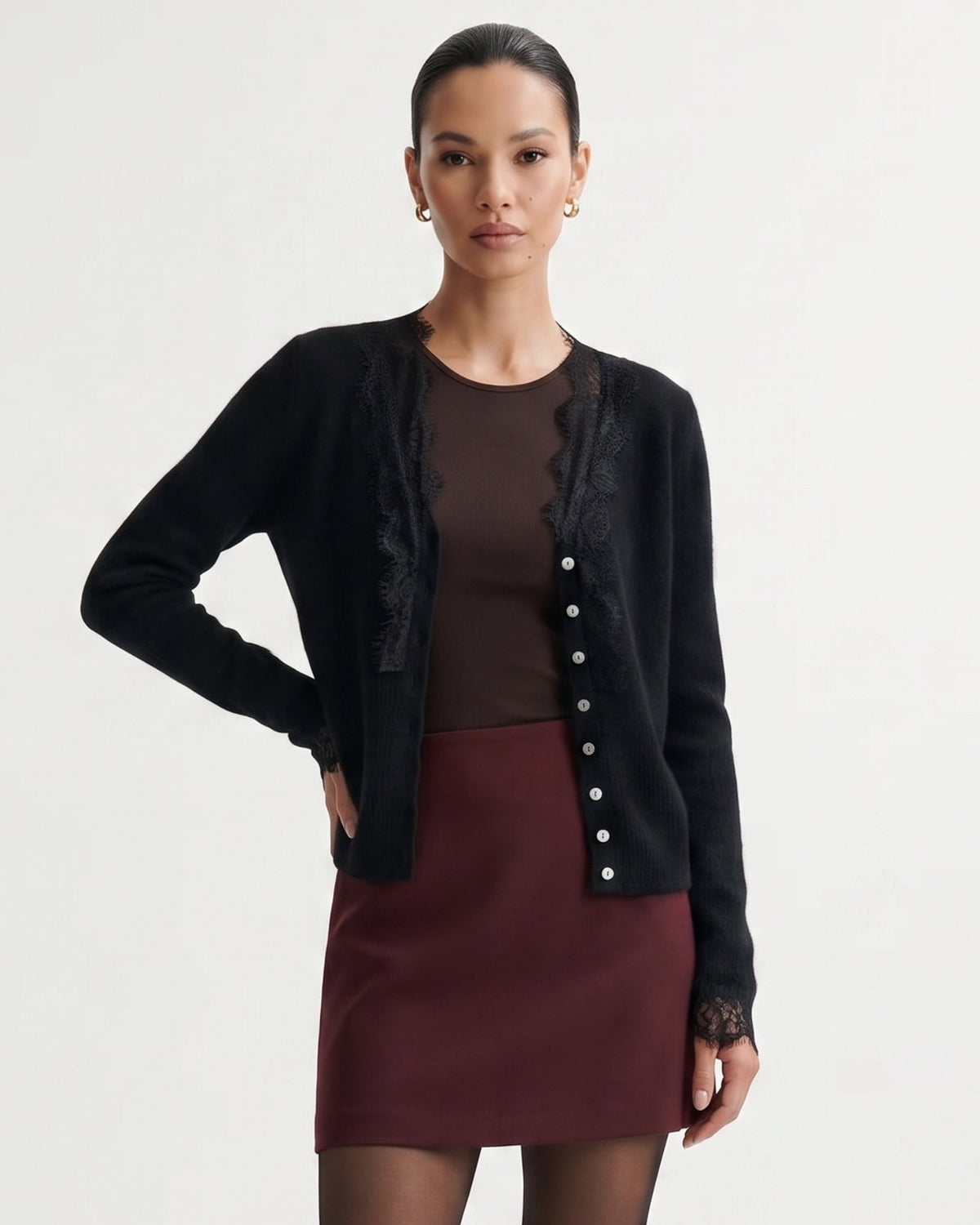 Pure Cashmere Cardigan with Lace Neckline and Cuffs – view 11