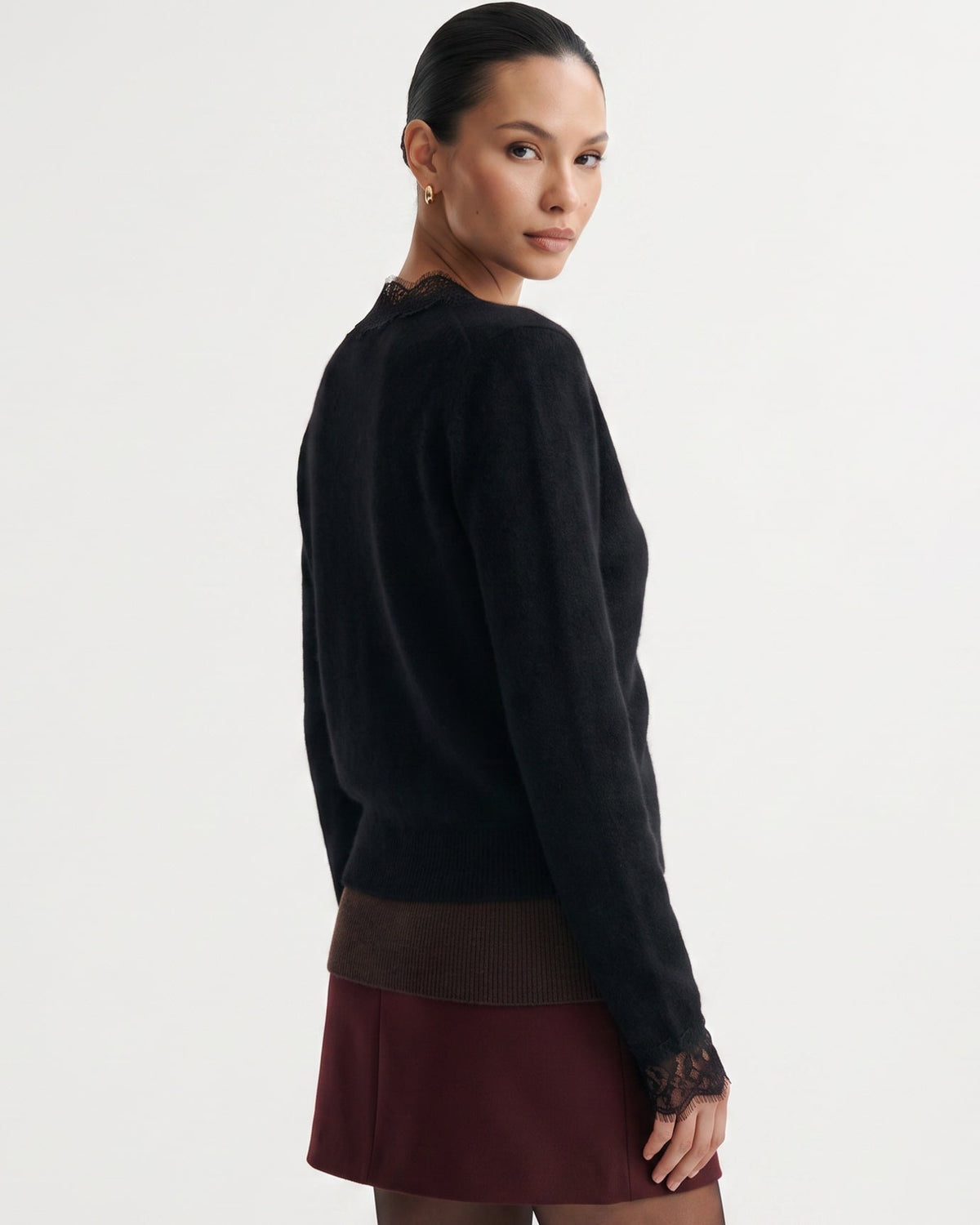 Pure Cashmere Cardigan with Lace Neckline and Cuffs – view 12