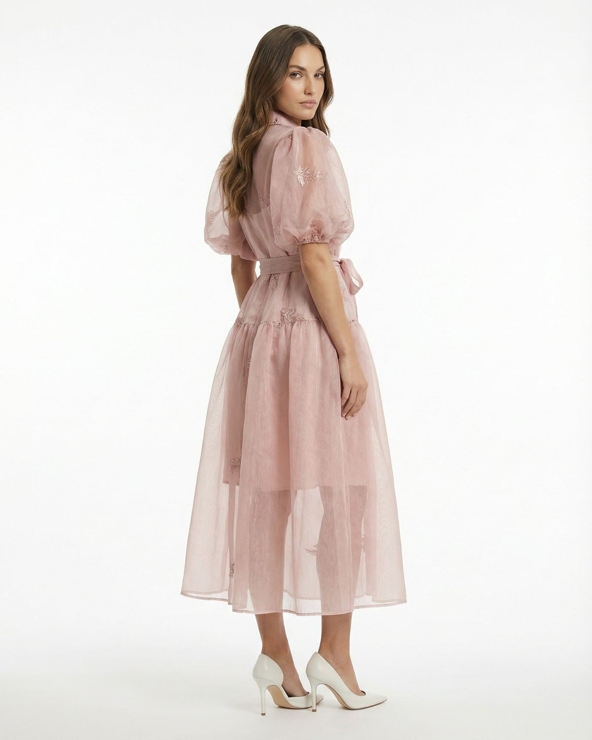 Embroidered Maxi Dress with Lapel Collar and Adjustable Tie Waist – view 4