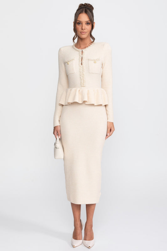 Fringe Trim Long Sleeve Knit Peplum Pencil Dress with Pockets – Beige – view 2
