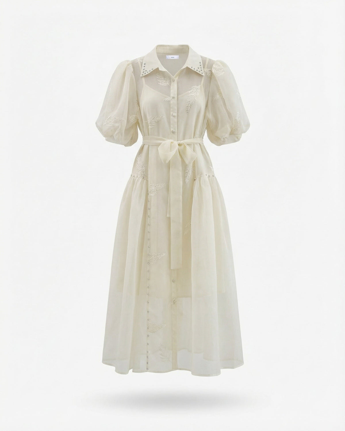 Embroidered Maxi Dress with Lapel Collar and Adjustable Tie Waist – view 5