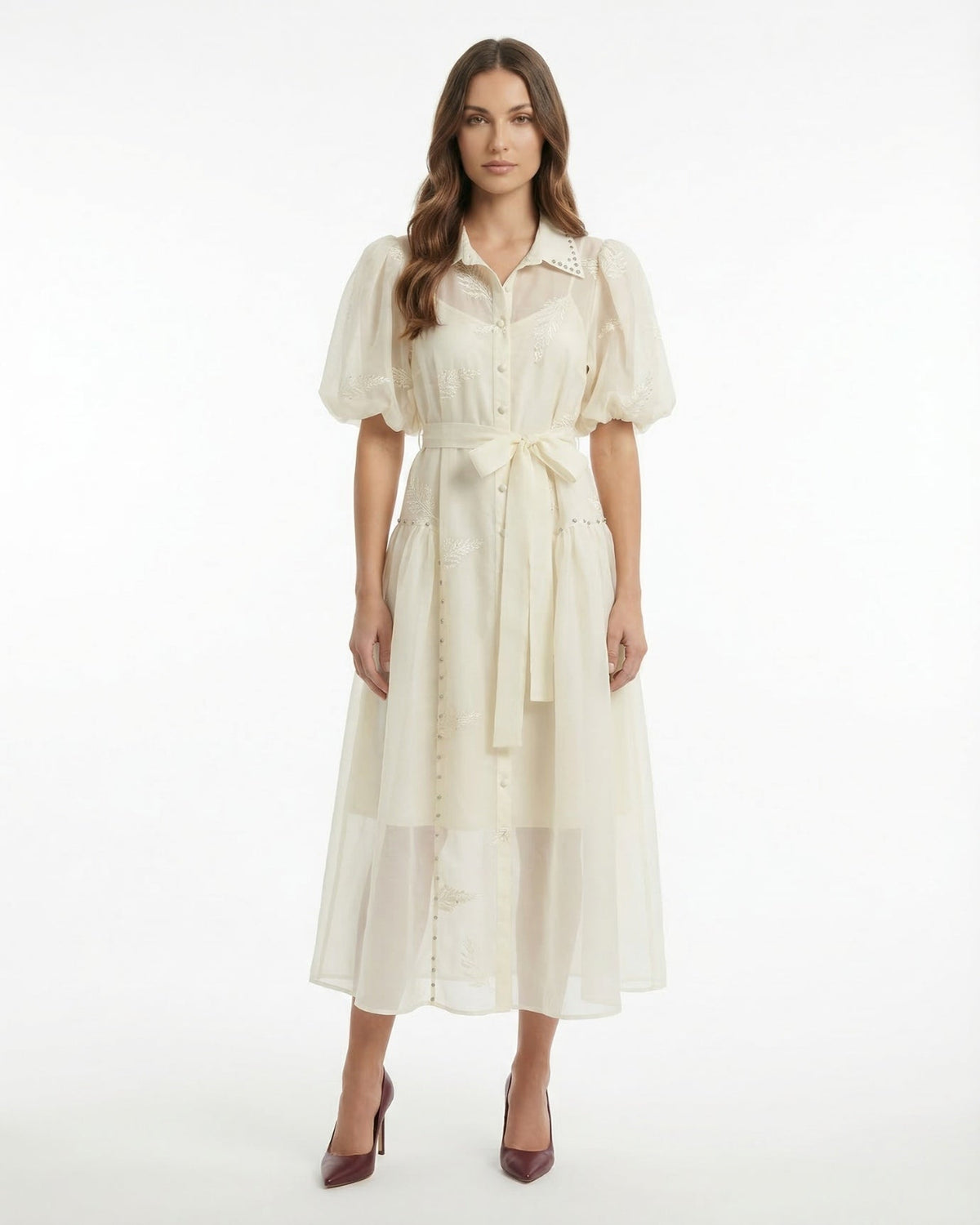 Embroidered Maxi Dress with Lapel Collar and Adjustable Tie Waist – view 6