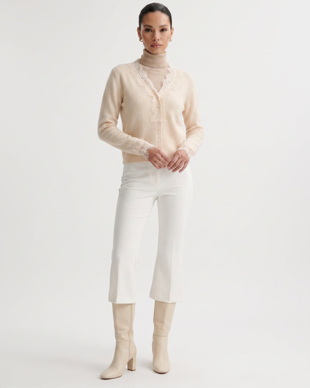 Pure Cashmere Cardigan with Lace Neckline and Cuffs – view 14