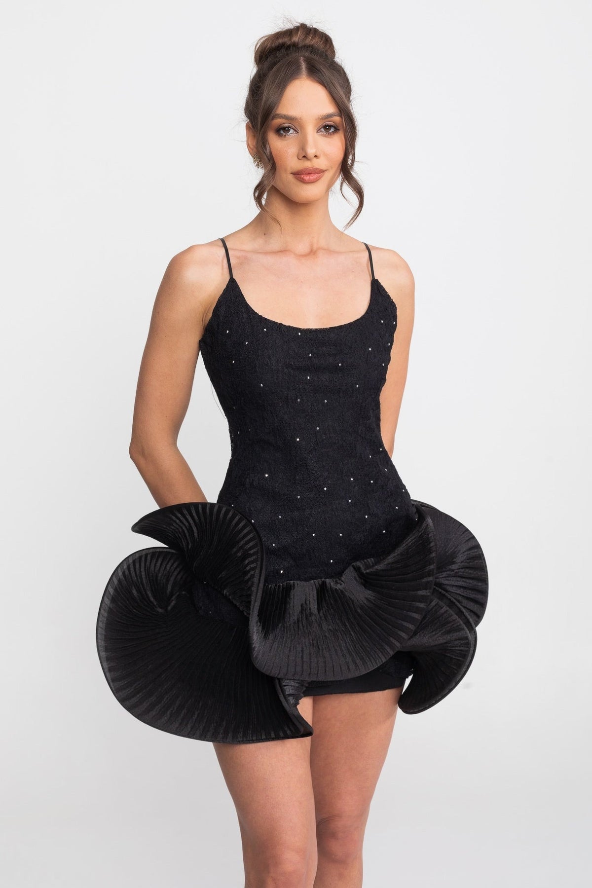 Sparkle Embellished Square Neck Babydoll Mini Dress with Ruffle Skirt – Black