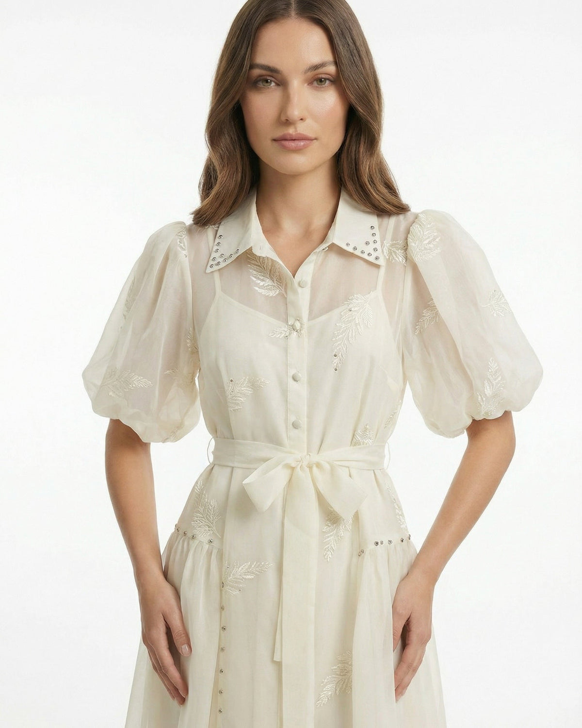 Embroidered Maxi Dress with Lapel Collar and Adjustable Tie Waist – view 7