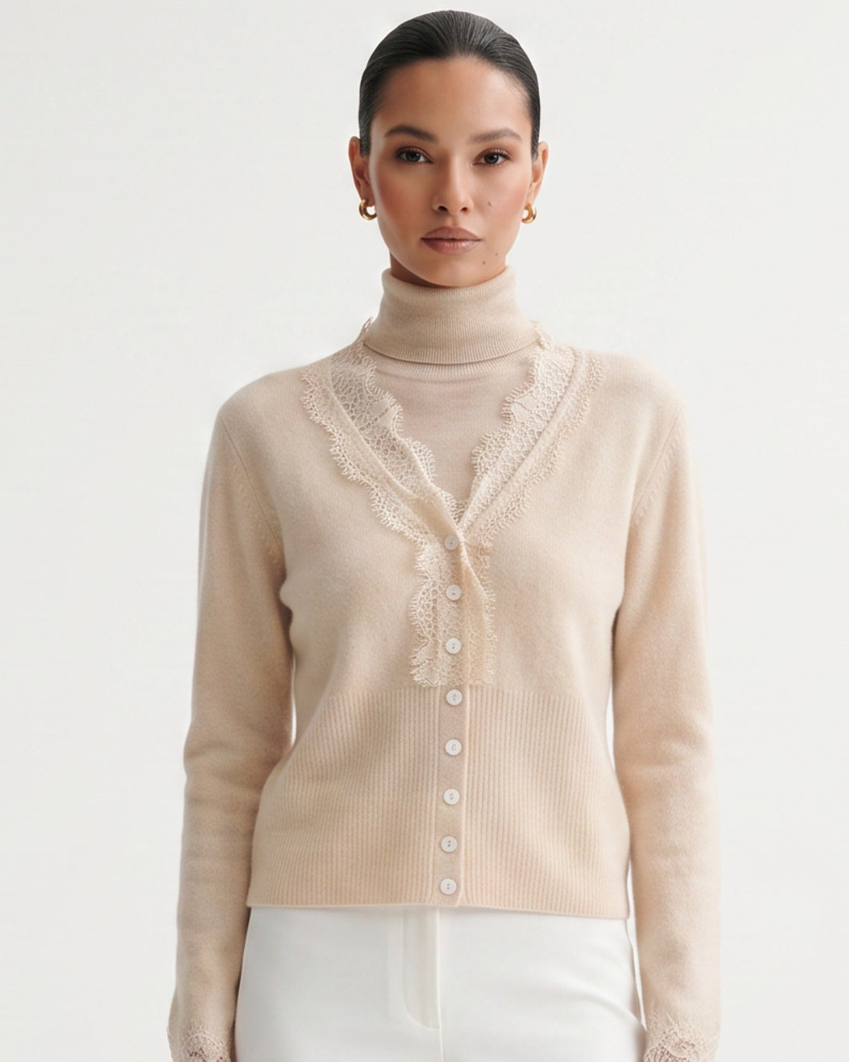Pure Cashmere Cardigan with Lace Neckline and Cuffs – view 15