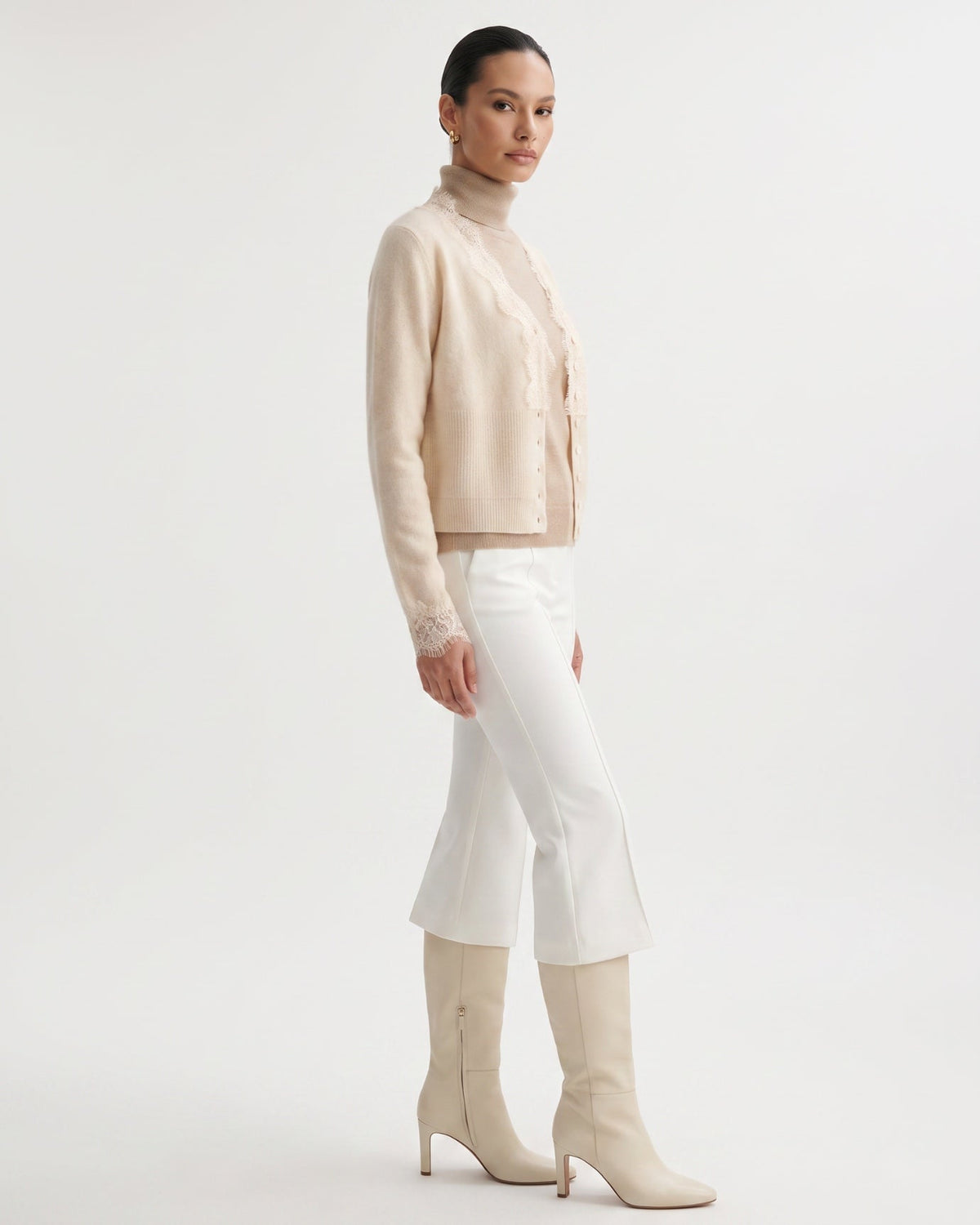 Pure Cashmere Cardigan with Lace Neckline and Cuffs – view 16