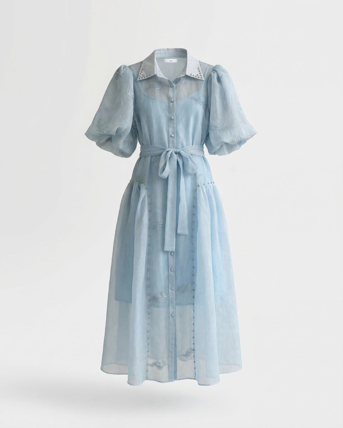 Embroidered Maxi Dress with Lapel Collar and Adjustable Tie Waist – view 9