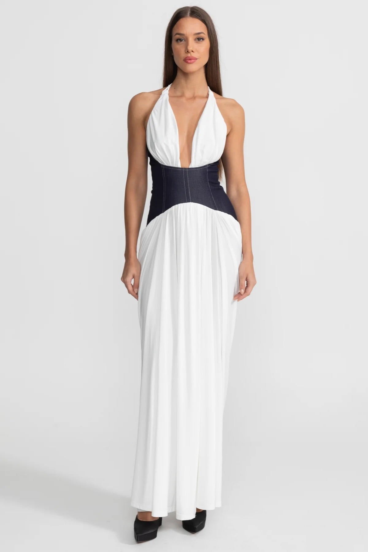 Halter Plunge Neck Draped Maxi Dress with Denim Corset Waist – White