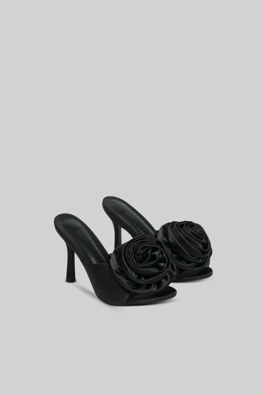 Satin Heeled Sandals with Flower Pom Pom Detail – Black – view 1