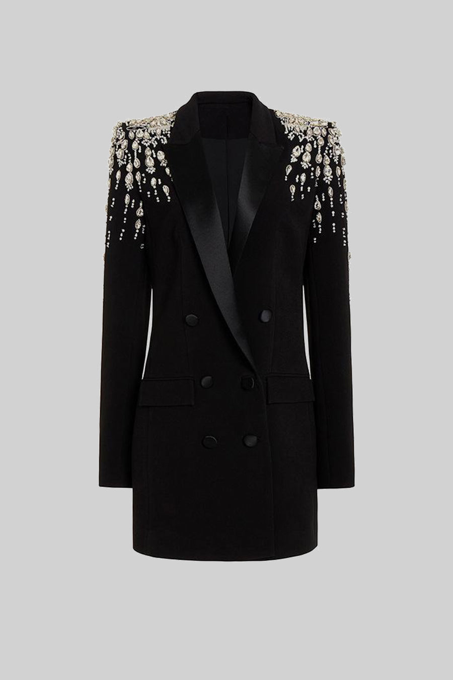 Double-Breasted Blazer with Embellished Shoulders and Satin Lapels – Black – view 2